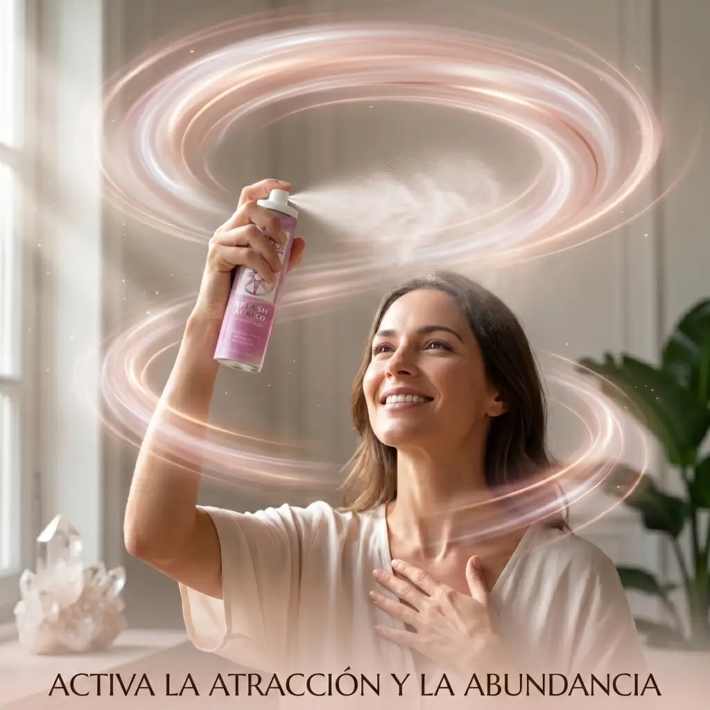 Mujer se aplica un splash áurico de atracción y amor