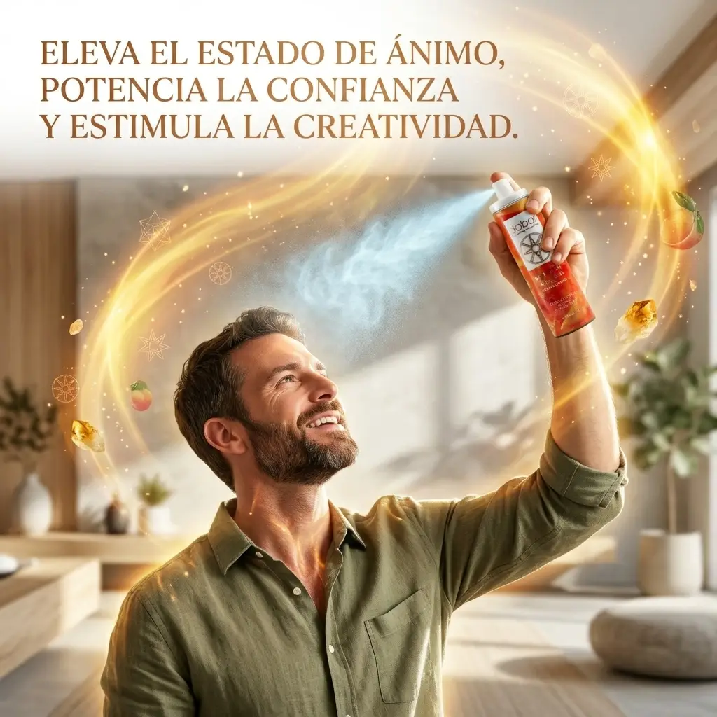 Hombre utilizando el Splash Áurico Frecuencial de Vitalidad rociándolo sobre sí mismo
