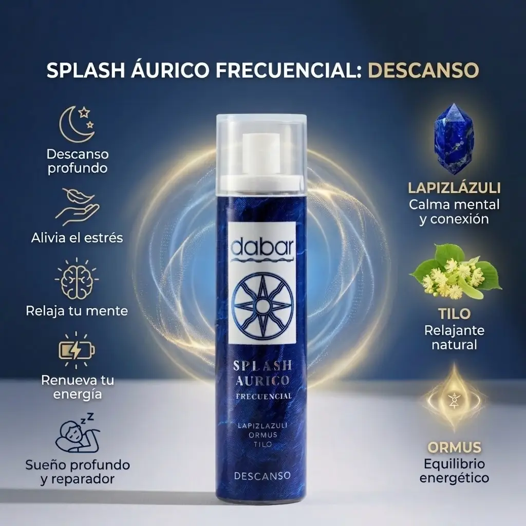 Una infografía del Splash Áurico Frecuencial de Descanso que tiene Tilo, Ormus y Lapislázuli