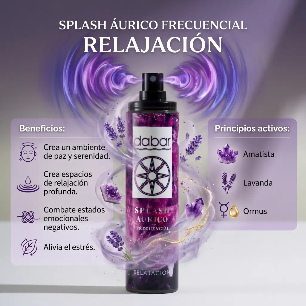 Infografía del Splash Áurico Frecuencial de Relajación de 100ml con detalles de sus ingredientes