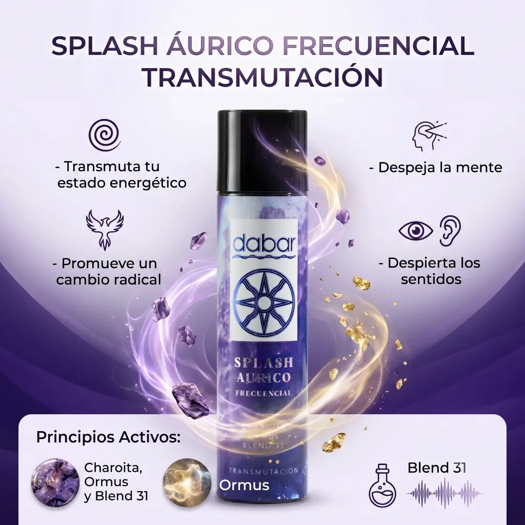 Infografía del Splash Áurico Frecuencial de Transmutación de 100ml con detalles de sus principios activos
