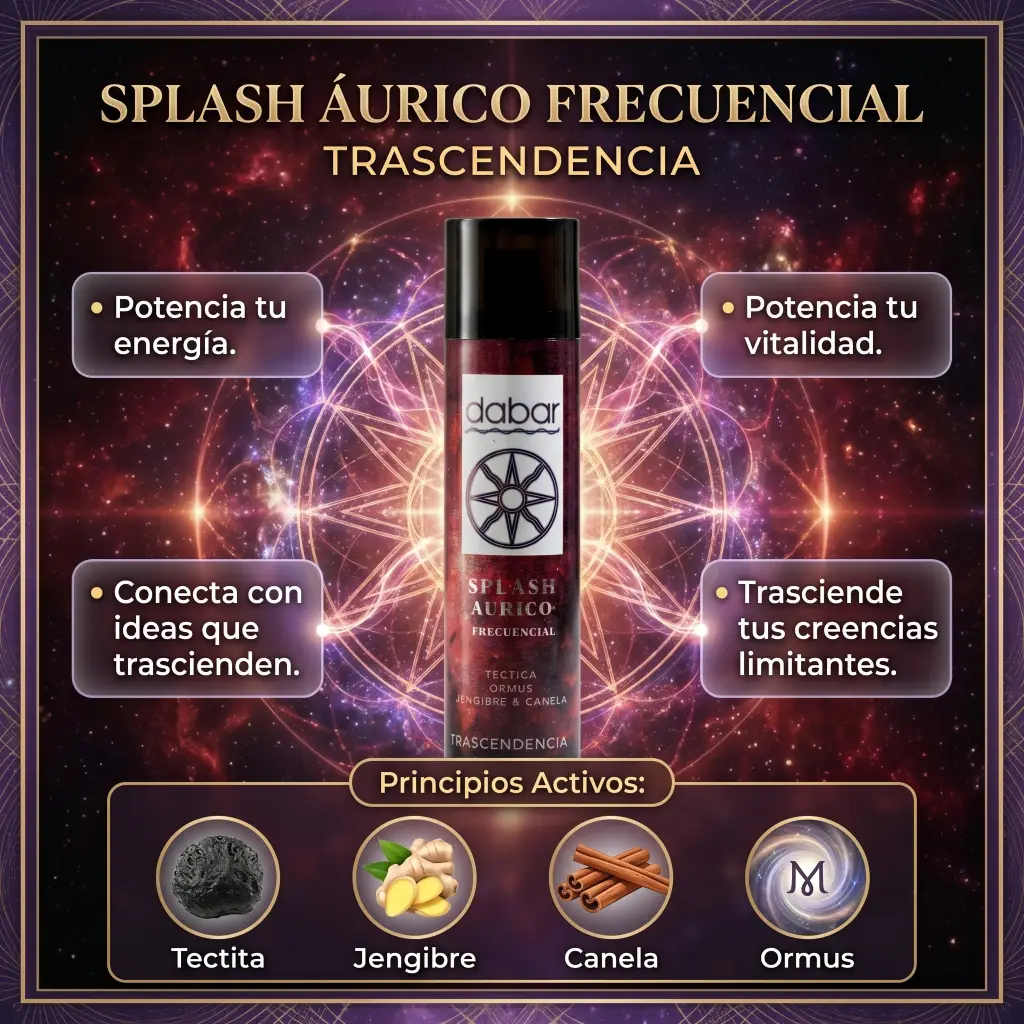 Infografía del Splash áurico Frecuencial de Trascendencia con detalles de sus principios activos y principales beneficios