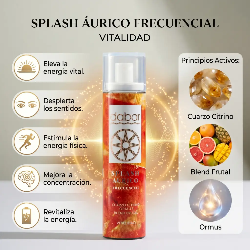 Infografía del Splash Áurico Frecuencial Vitalidad 100ml con sus detalles y principios activos