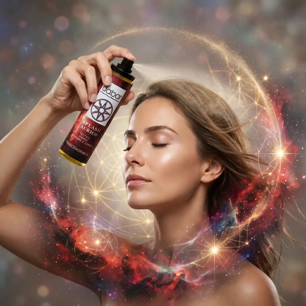 Una mujer rociando el Splash Áurico Frecuencial Trascendencia de 100ml sobre ella misma para despertar su energía de transformación