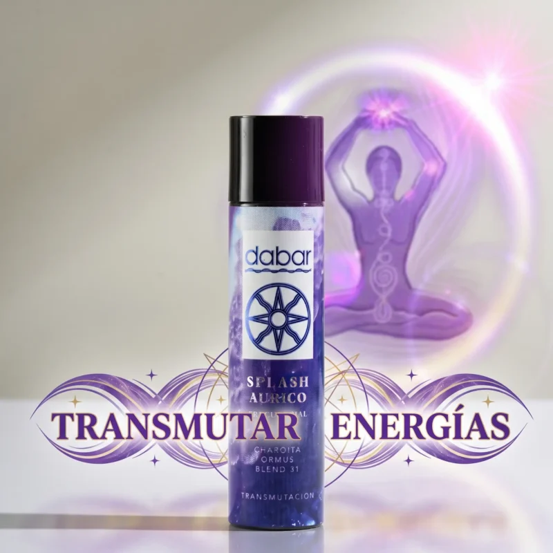 Presentación del Splash Áurico Frecuencial de Transmutación con una figura meditativa de color violeta en el fondo