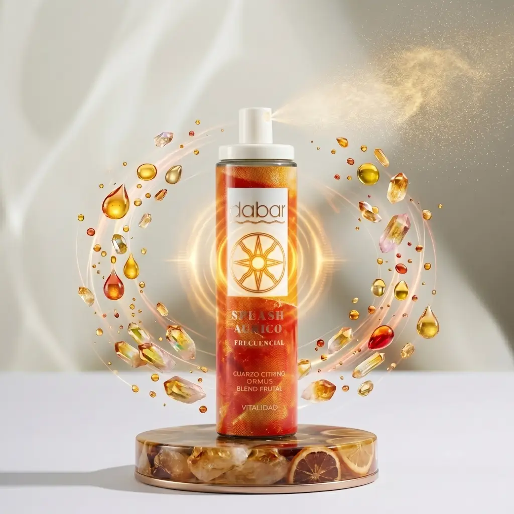 Presentación del Splash Áurico Frecuencial de Vitalidad 100ml con Ormus, Blend Frutal y Citrino