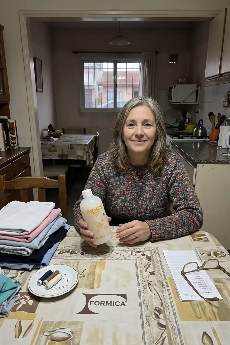 Una ama de casa está sentada junto a su mesa enseñando una botella de Ormus Patagonia que sostiene en su mano