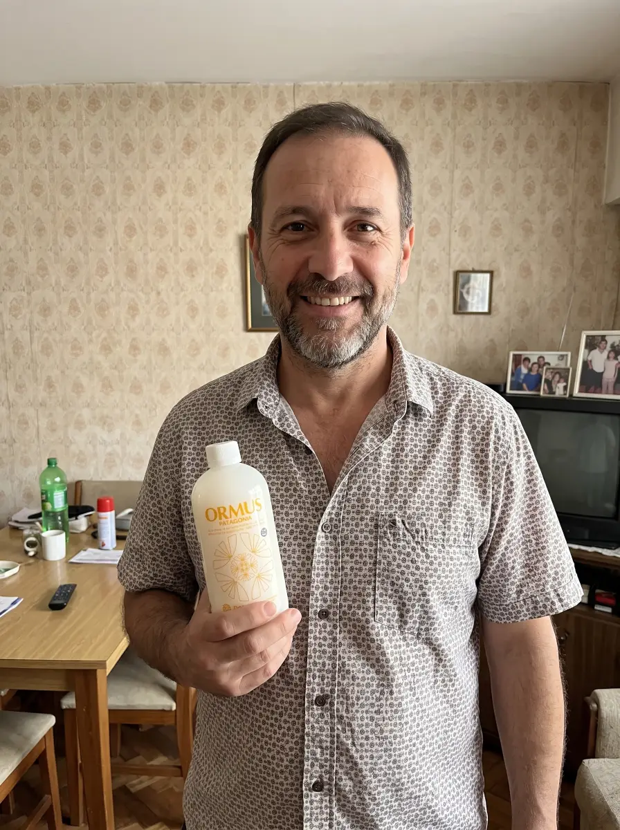 Un hombre de mediana edad está sosteniendo una botella de Ormus Patagonia posando para la foto alegre con su consumo