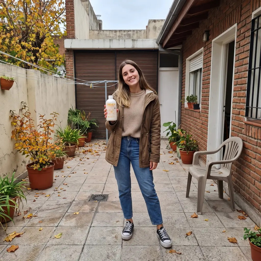 Una chica joven está en el patio de su casa mostrando una botella de Ormus Patagonia