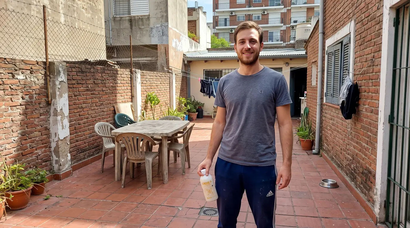 Muchacho en el patio posando para la foto mientras agarra una botella de Ormus Patagonia