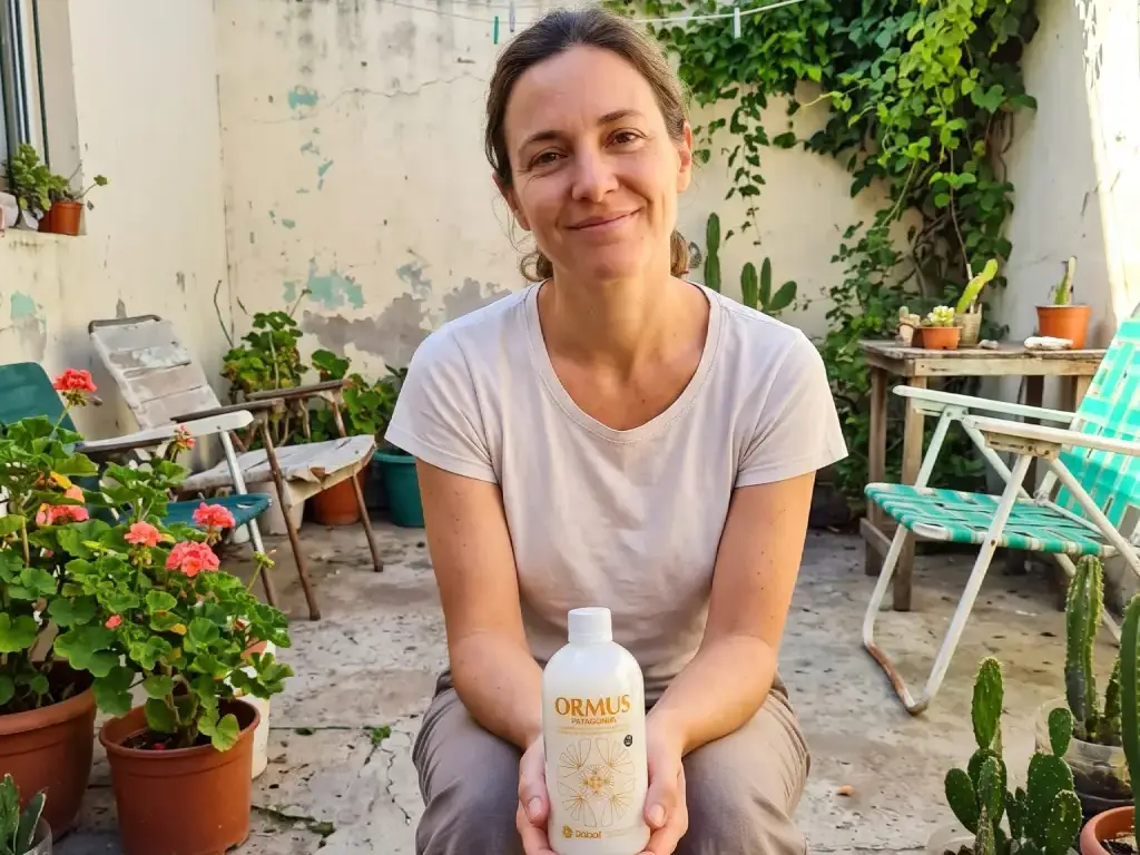 Una mujer está en el patio de su casa sosteniendo entre sus manos una botella de Ormus alegre por su uso diario